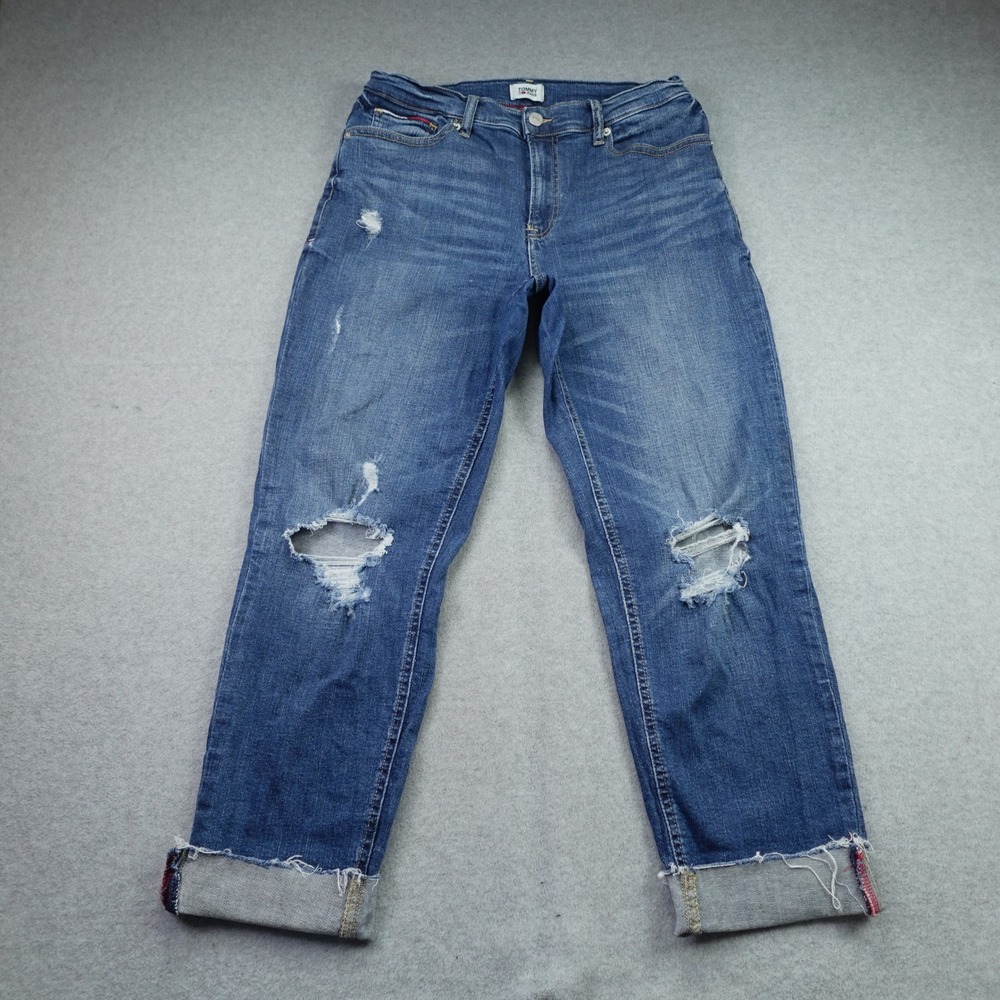 Tommy Jeans Boyfriend Jeans Womens 4 W27 Blue Distressed Denim Ripped